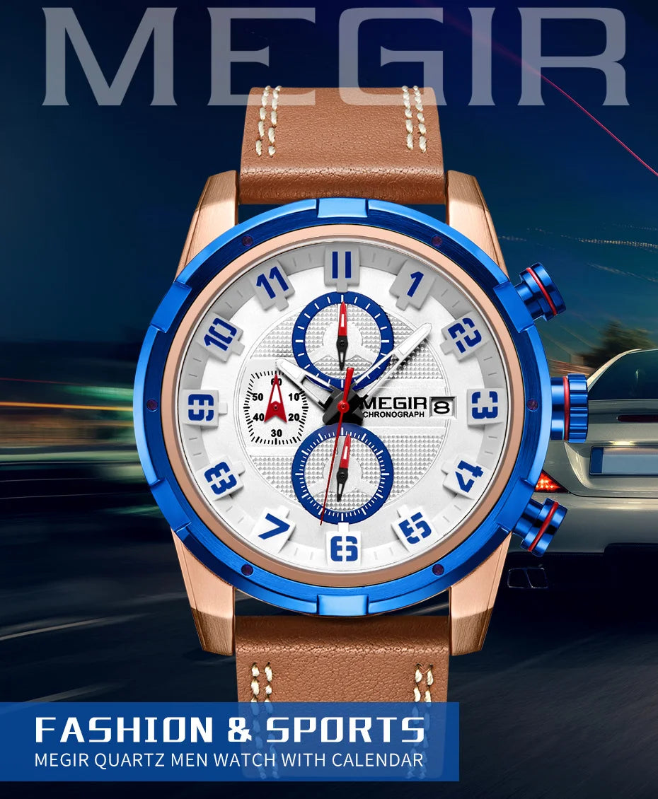 MEGIR Men’s Military Watch with Chronograph, Leather Strap, and Water Resistance