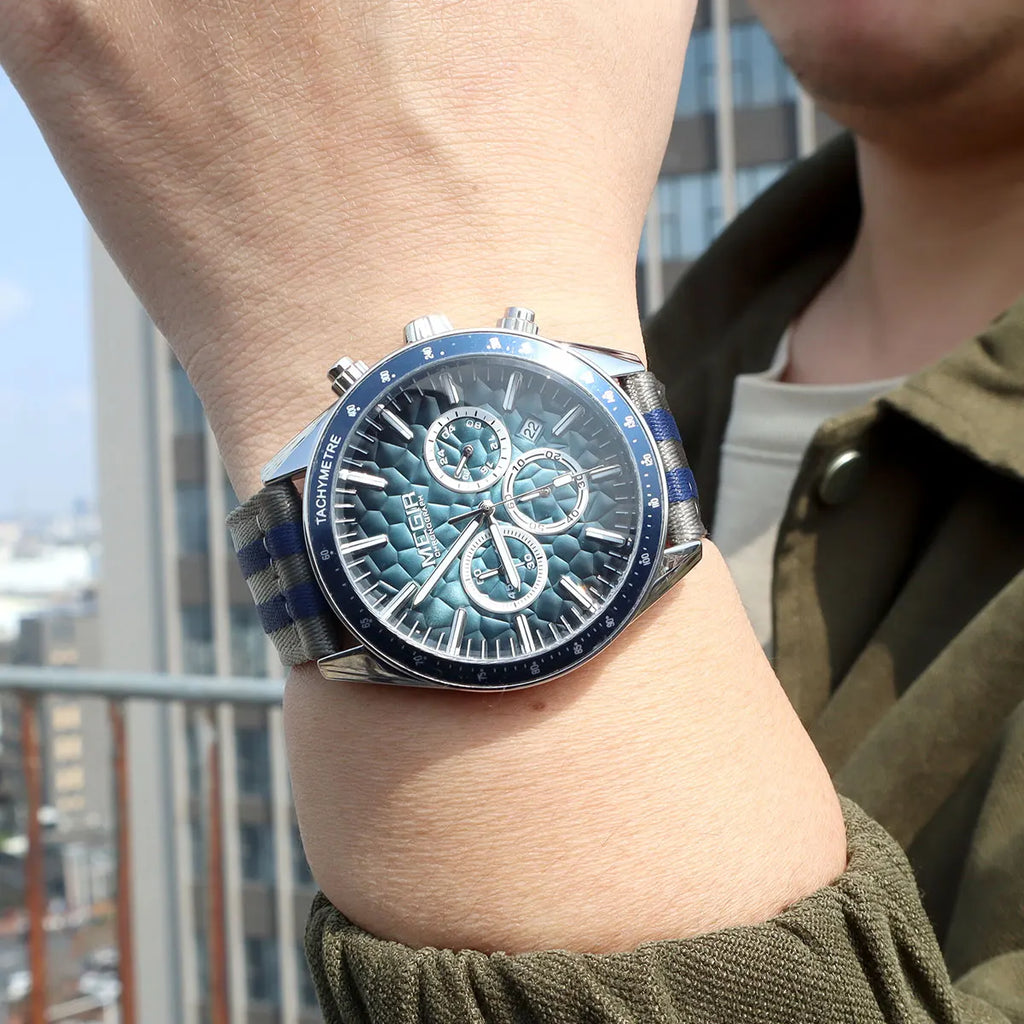 MEGIR Sport Watch for Men Chronograph Quartz Wristwatch with Honeycomb Texture Dial Canvas Band Date Decorative Tachymeter Bezel