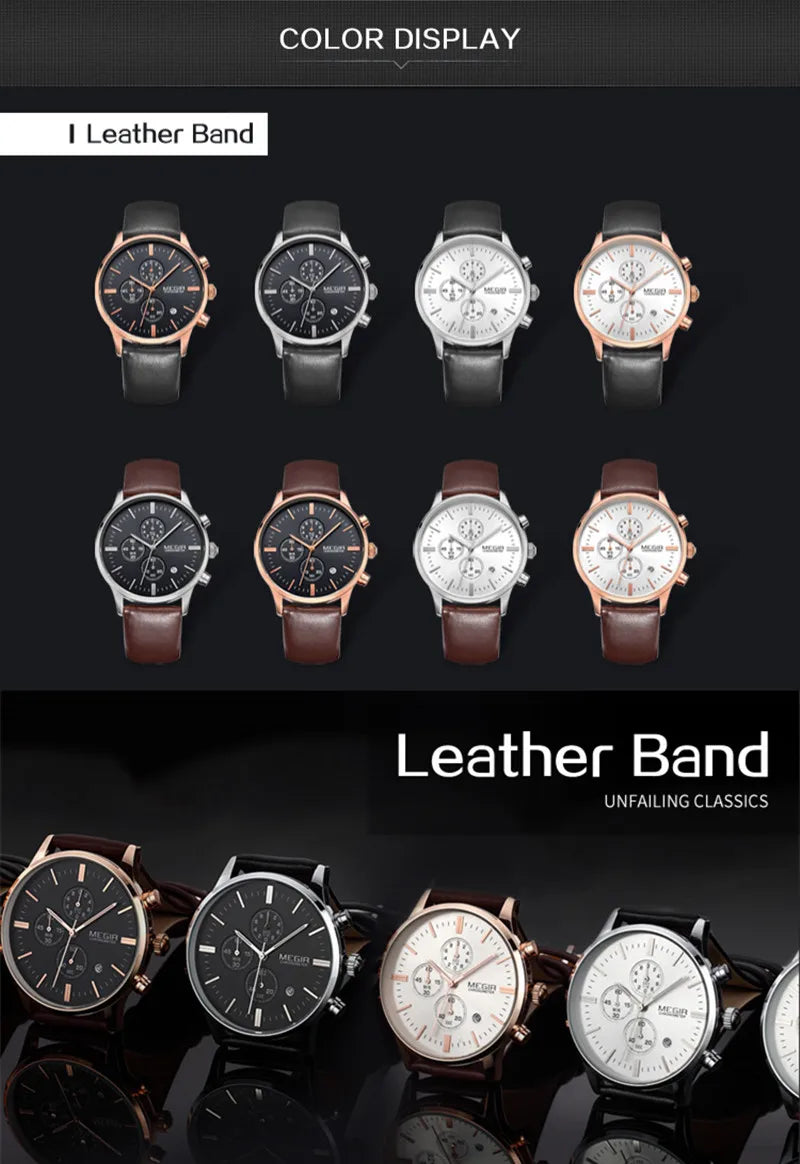 Men’s Sport Chronograph Watch with Leather Strap – Modern & Durable Design