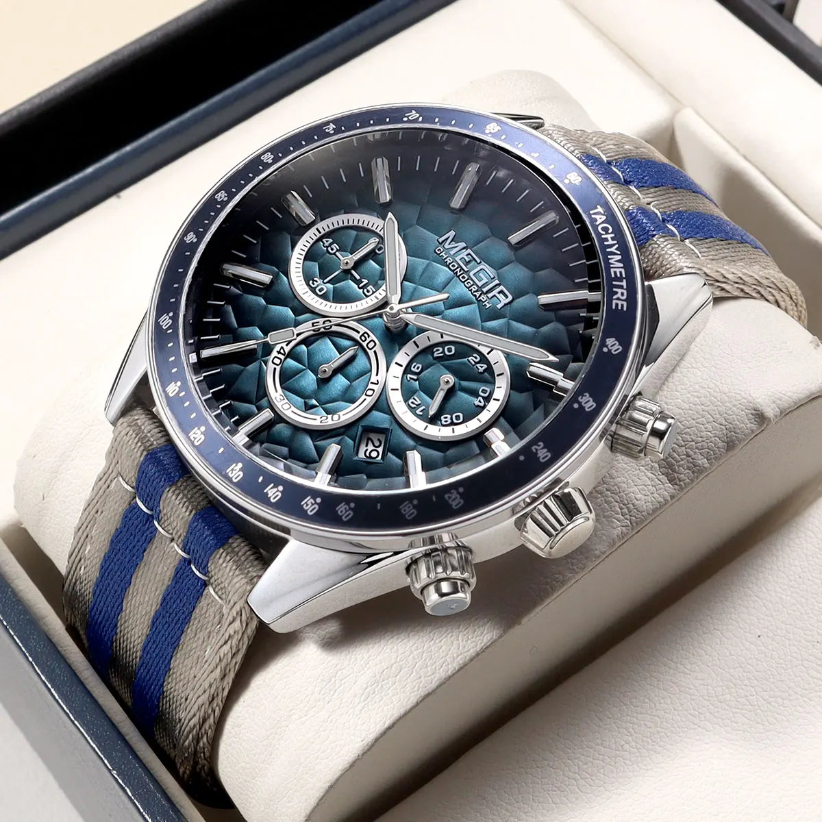 MEGIR Sport Watch for Men Chronograph Quartz Wristwatch with Honeycomb Texture Dial Canvas Band Date Decorative Tachymeter Bezel