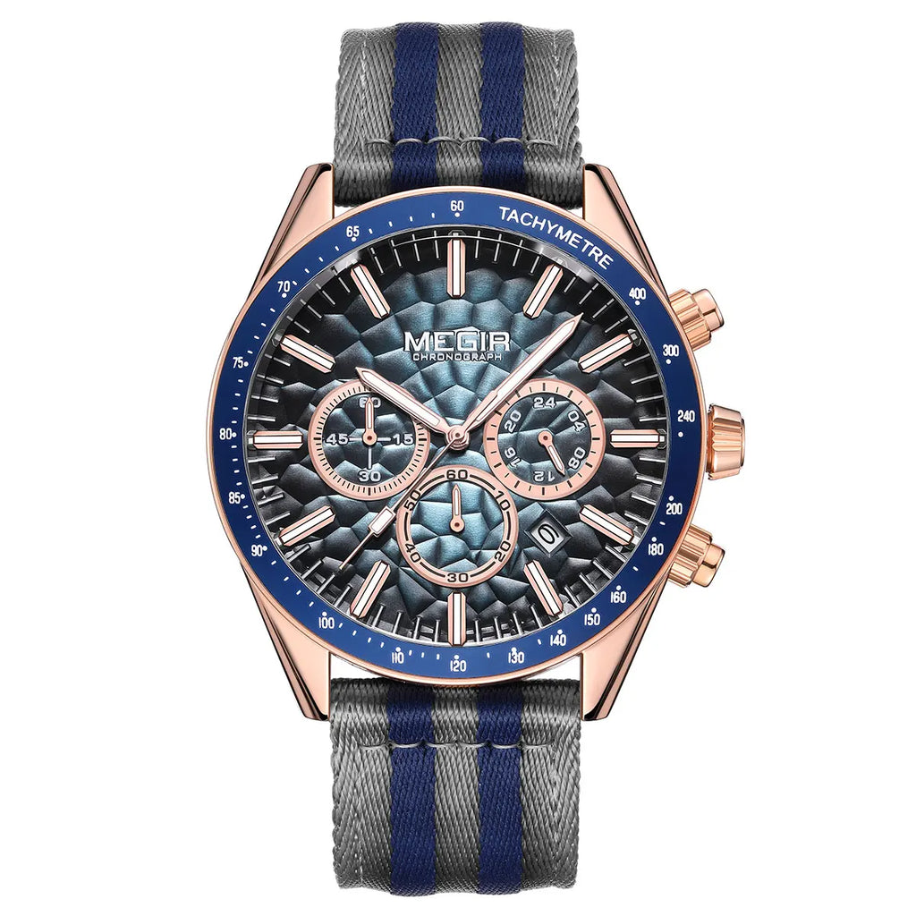 MEGIR Sport Watch for Men Chronograph Quartz Wristwatch with Honeycomb Texture Dial Canvas Band Date Decorative Tachymeter Bezel