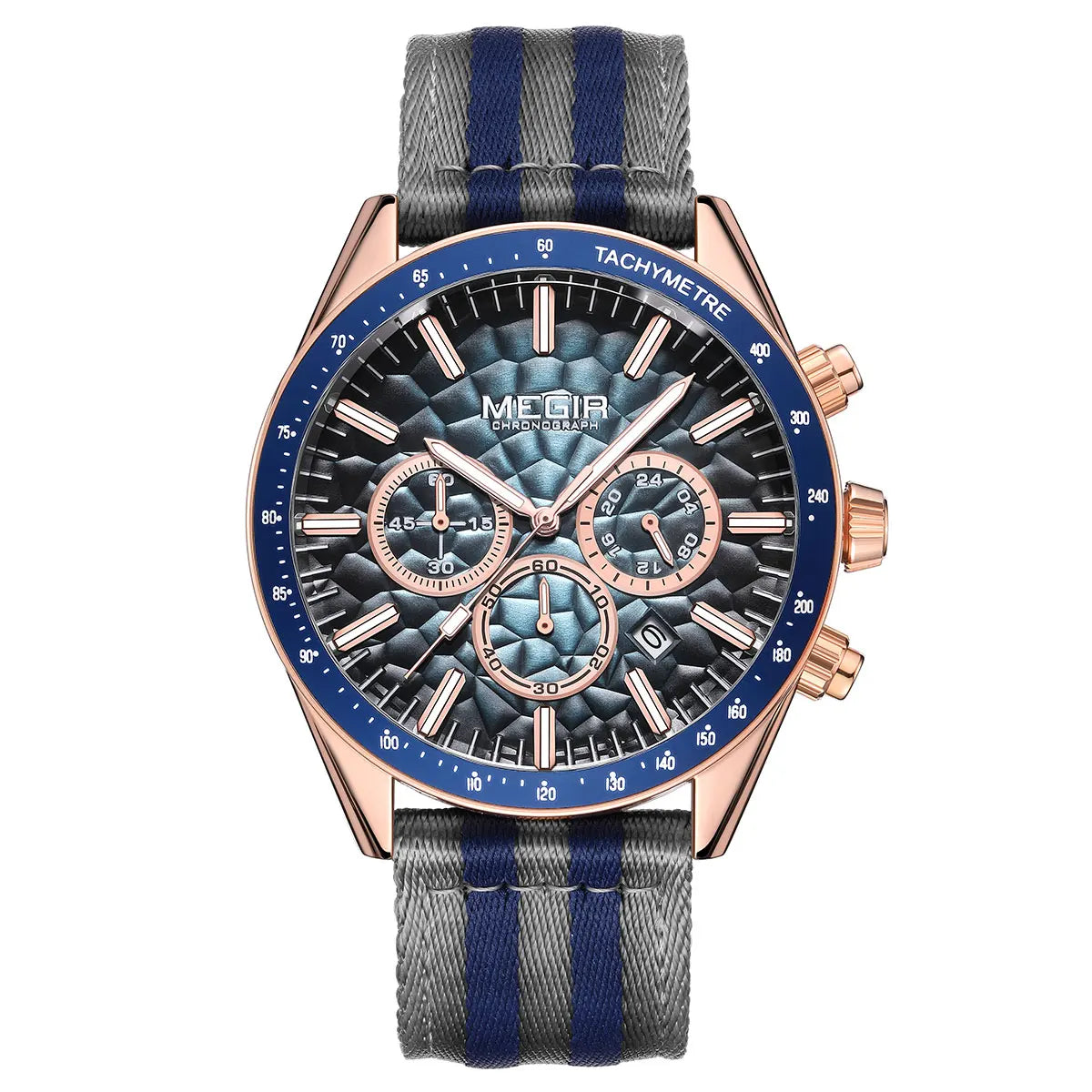 MEGIR Sport Watch for Men Chronograph Quartz Wristwatch with Honeycomb Texture Dial Canvas Band Date Decorative Tachymeter Bezel