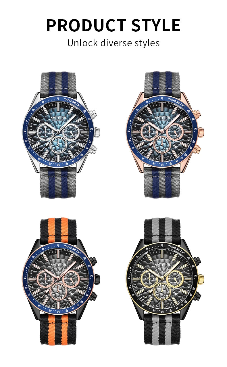 MEGIR Sport Watch for Men Chronograph Quartz Wristwatch with Honeycomb Texture Dial Canvas Band Date Decorative Tachymeter Bezel
