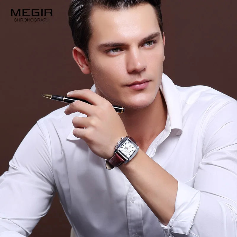 Megir Men's Watch – Rectangular Case Chronograph with Leather Strap