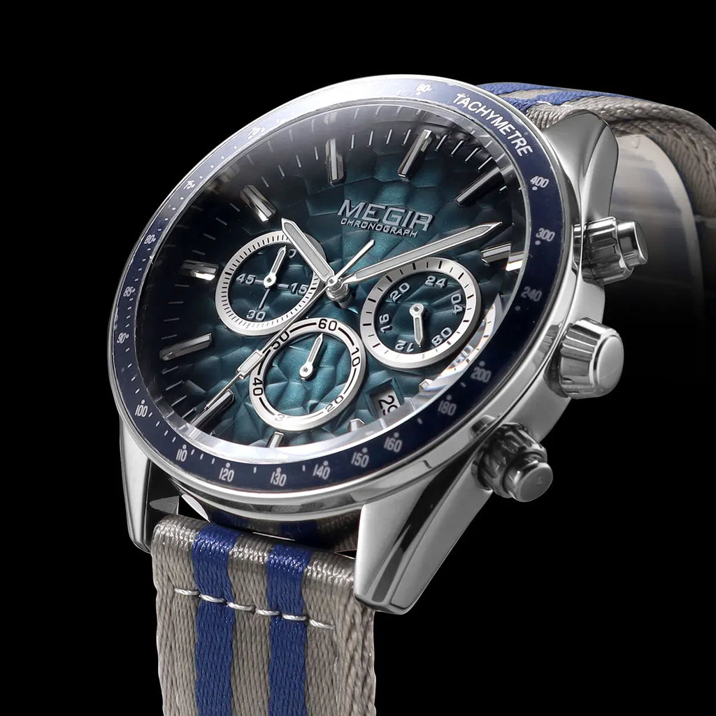 MEGIR Sport Watch for Men Chronograph Quartz Wristwatch with Honeycomb Texture Dial Canvas Band Date Decorative Tachymeter Bezel