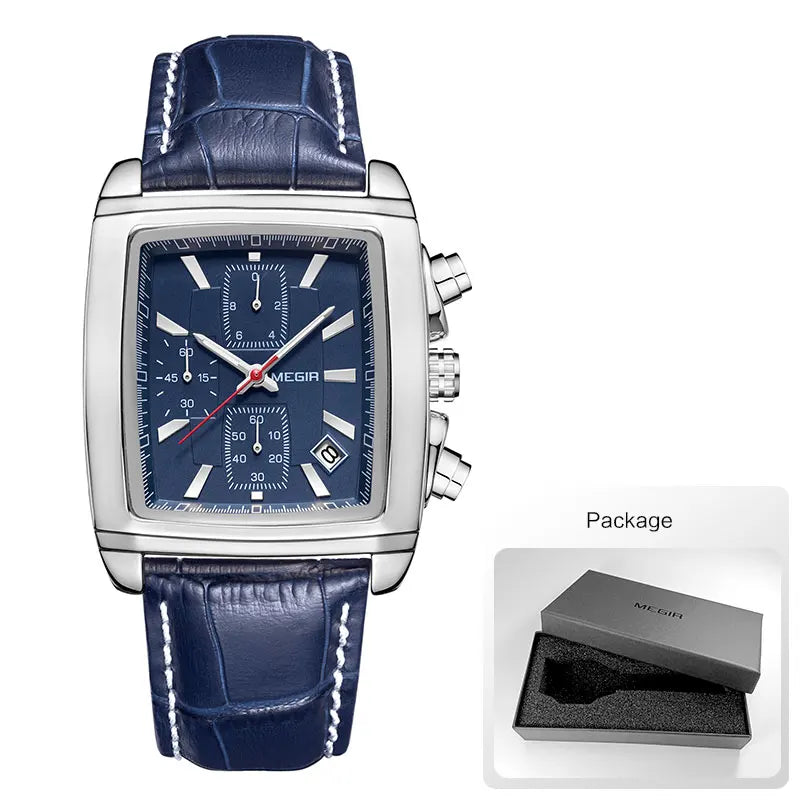 Megir Men's Watch – Rectangular Case Chronograph with Leather Strap