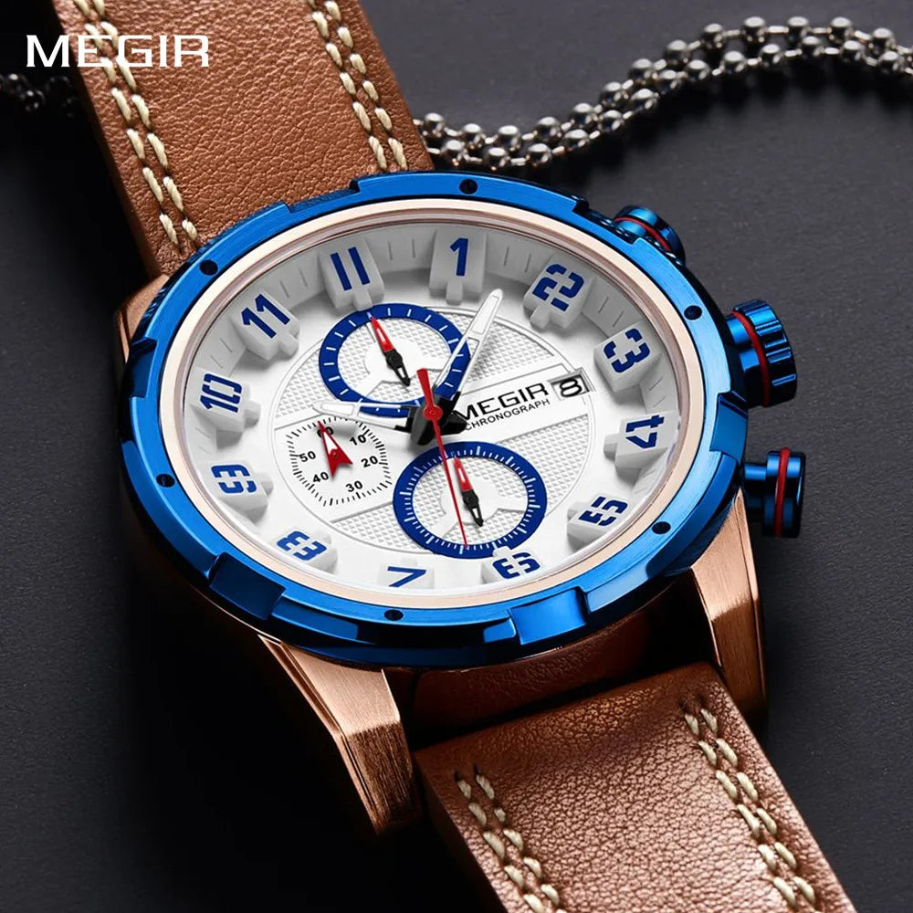 MEGIR Men’s Military Watch with Chronograph, Leather Strap, and Water Resistance