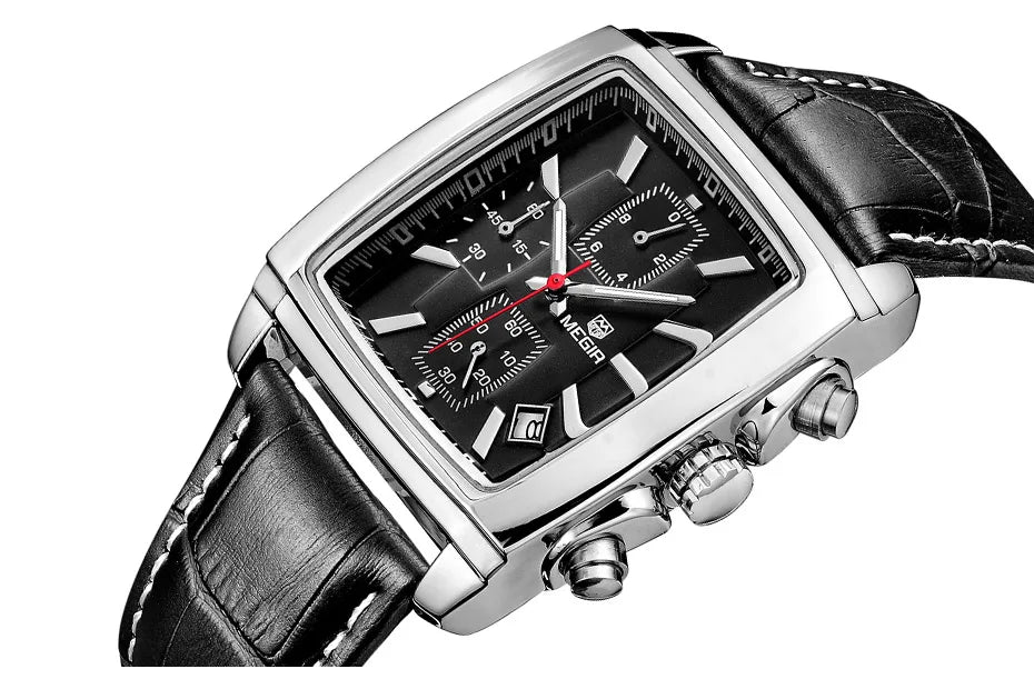 Megir Men's Watch – Rectangular Case Chronograph with Leather Strap