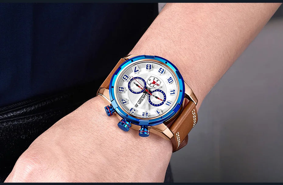 MEGIR Men’s Military Watch with Chronograph, Leather Strap, and Water Resistance