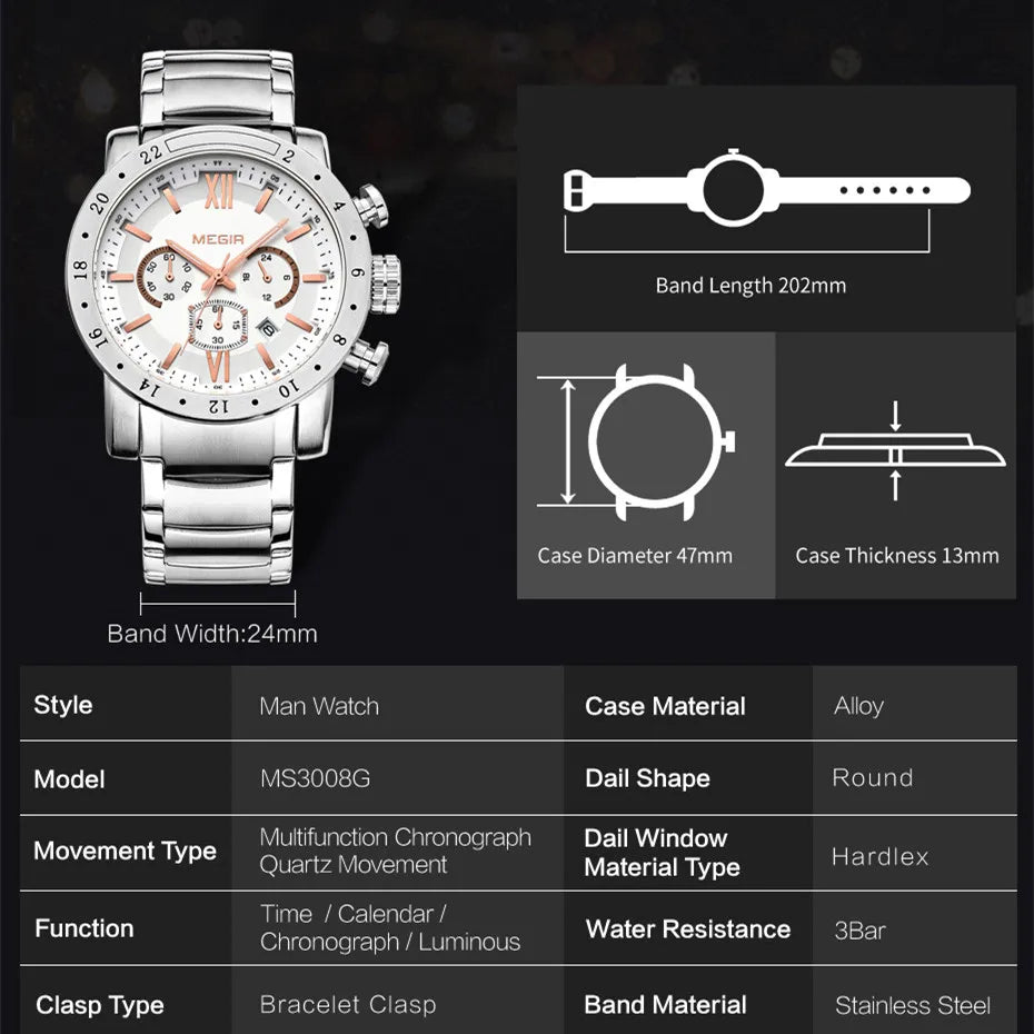 MEGIR Men’s Luxury Watch – Stainless Steel Chronograph with Water Resistance