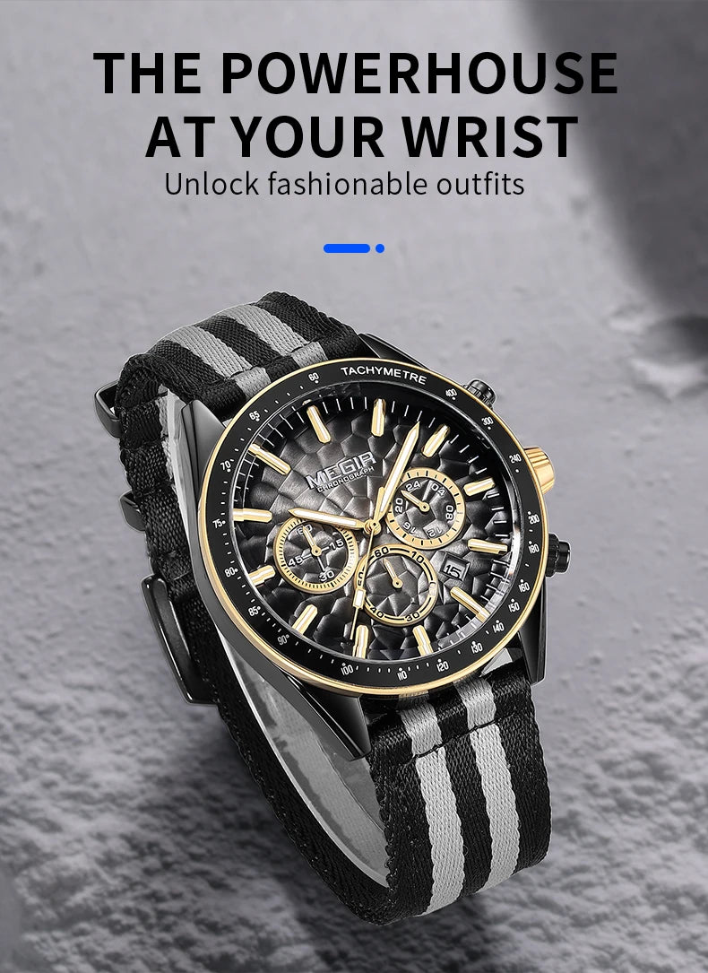MEGIR Sport Watch for Men Chronograph Quartz Wristwatch with Honeycomb Texture Dial Canvas Band Date Decorative Tachymeter Bezel