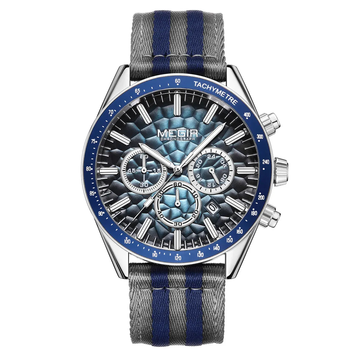 MEGIR Sport Watch for Men Chronograph Quartz Wristwatch with Honeycomb Texture Dial Canvas Band Date Decorative Tachymeter Bezel