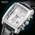 Megir Men's Watch – Rectangular Case Chronograph with Leather Strap