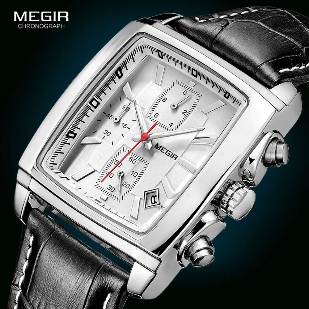 Megir Men's Watch – Rectangular Case Chronograph with Leather Strap