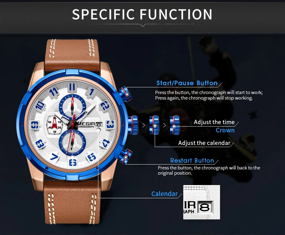 MEGIR Men’s Military Watch with Chronograph, Leather Strap, and Water Resistance