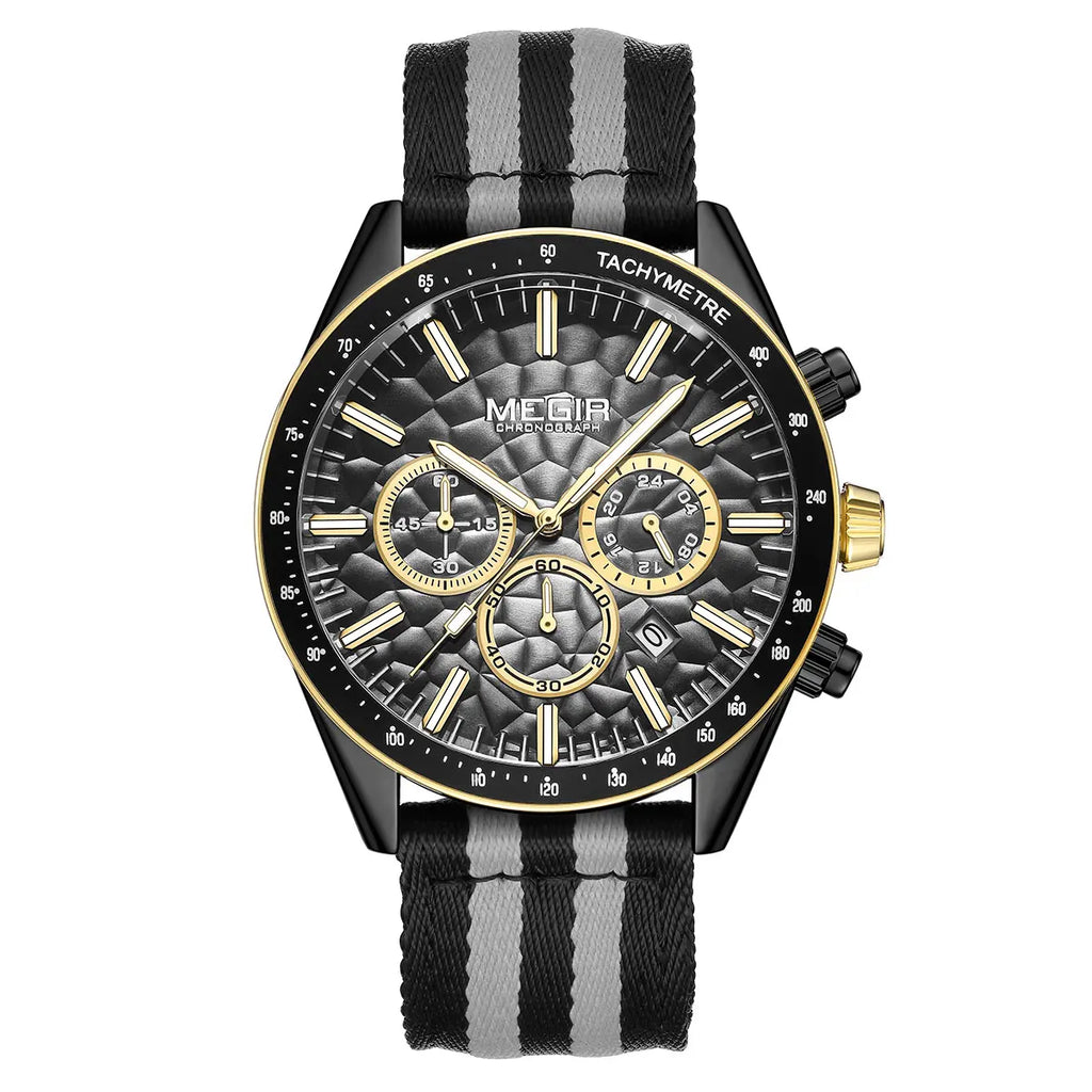 MEGIR Sport Watch for Men Chronograph Quartz Wristwatch with Honeycomb Texture Dial Canvas Band Date Decorative Tachymeter Bezel