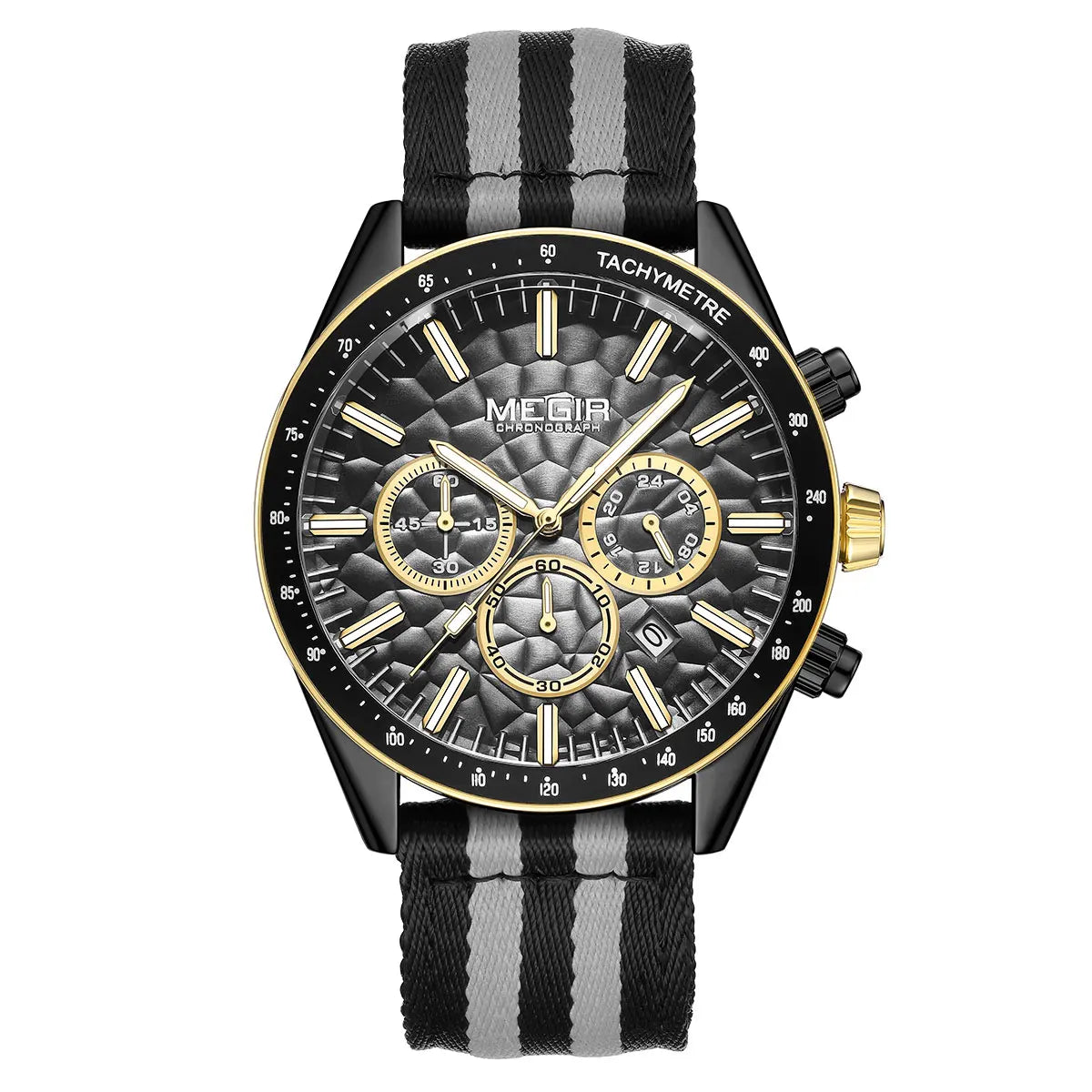 MEGIR Sport Watch for Men Chronograph Quartz Wristwatch with Honeycomb Texture Dial Canvas Band Date Decorative Tachymeter Bezel