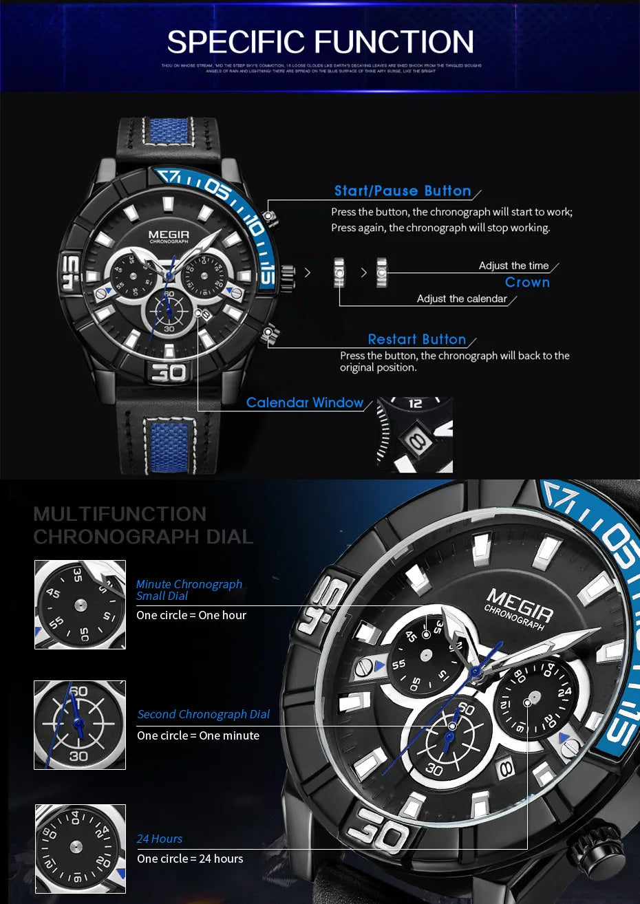 MEGIR Men’s Watch – Waterproof Sport Chronograph with Leather Strap