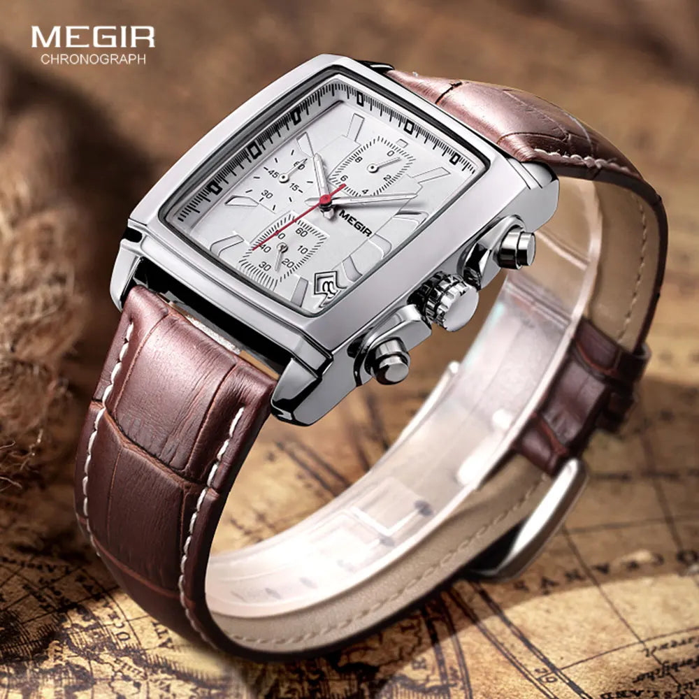 Megir Men's Watch – Rectangular Case Chronograph with Leather Strap
