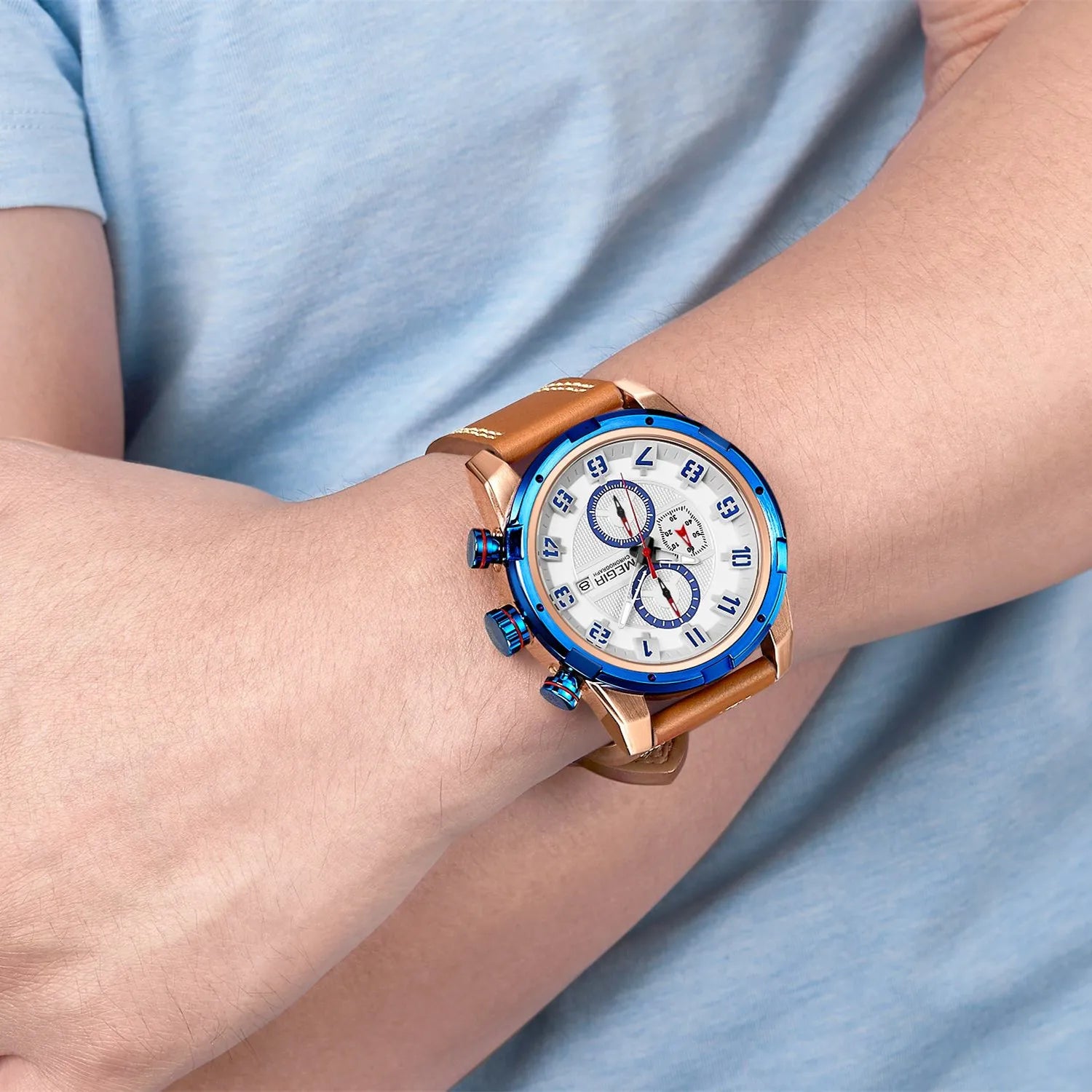 MEGIR Men’s Military Watch with Chronograph, Leather Strap, and Water Resistance