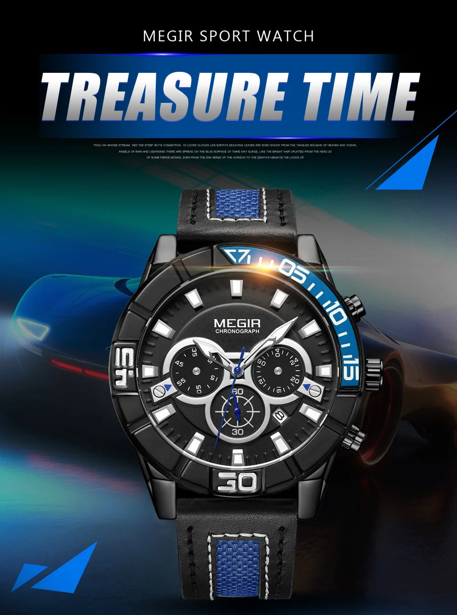 MEGIR Men’s Watch – Waterproof Sport Chronograph with Leather Strap