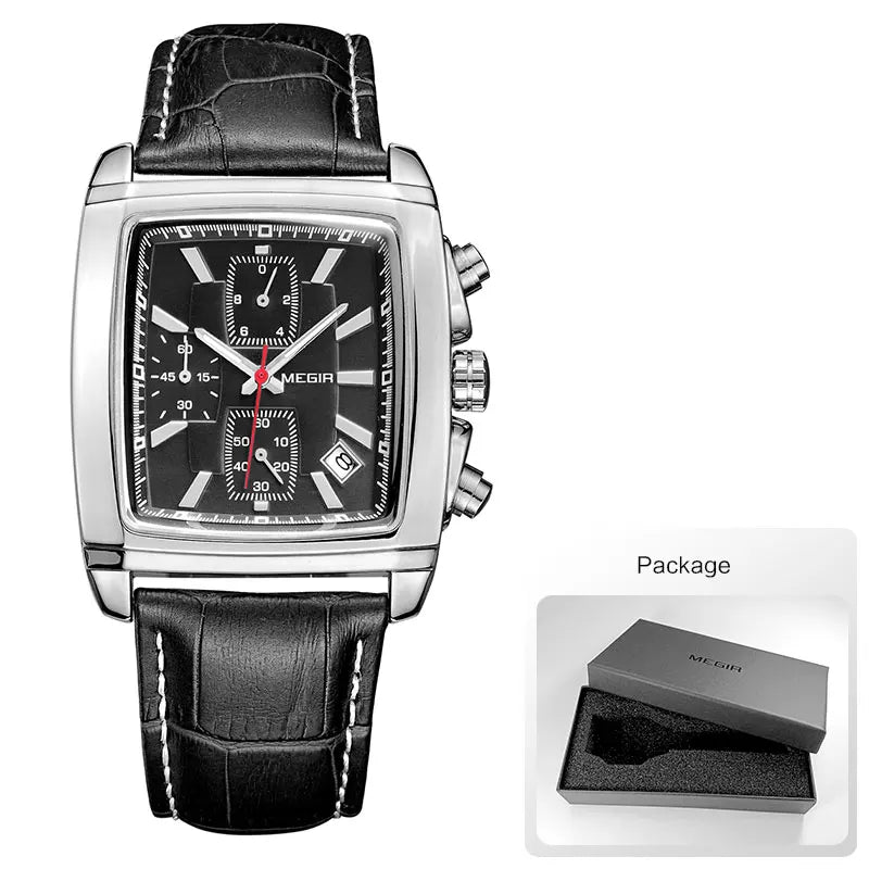 Megir Men's Watch – Rectangular Case Chronograph with Leather Strap