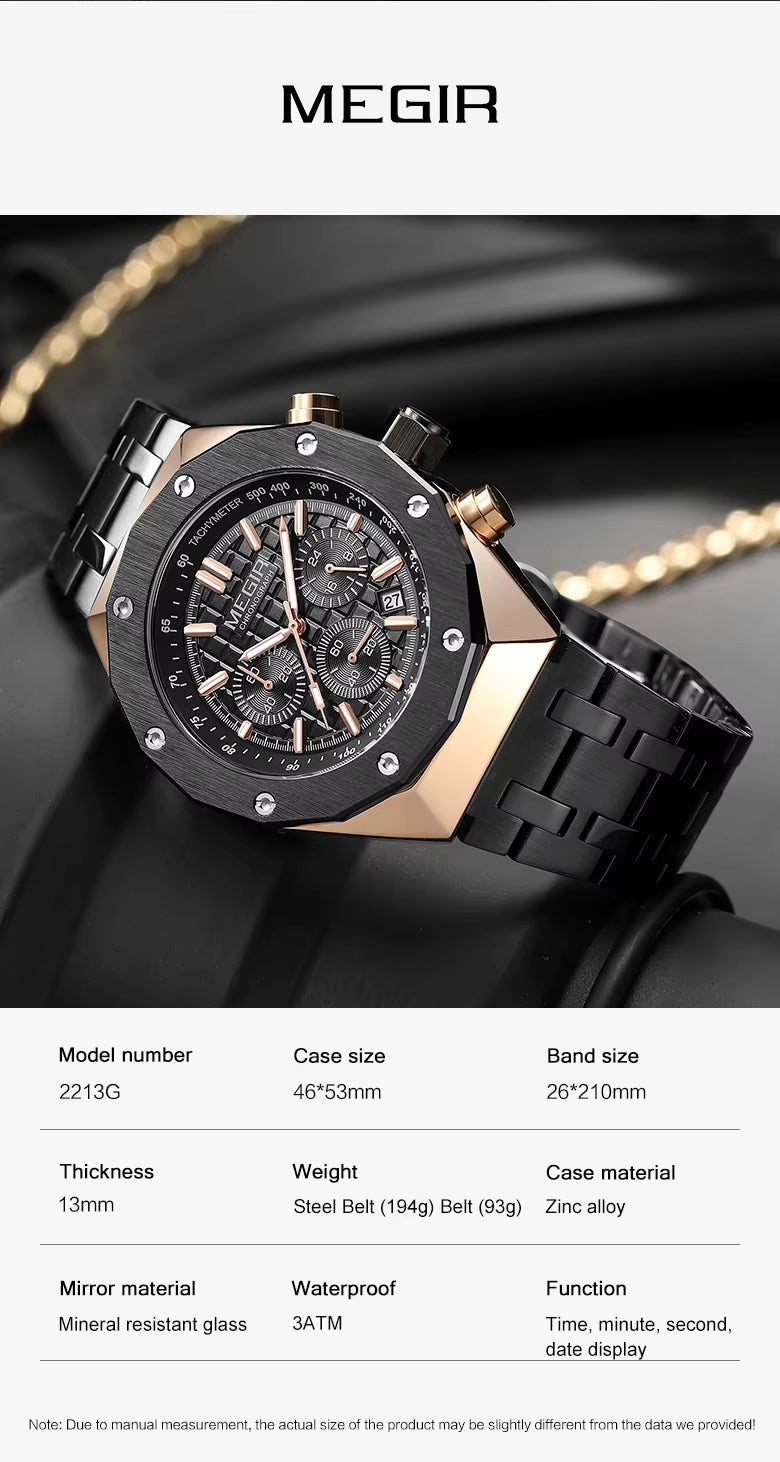 MEGIR SteelForce 44 Chronograph – Steel & Luminous Dial