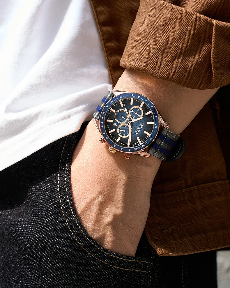 MEGIR Sport Watch for Men Chronograph Quartz Wristwatch with Honeycomb Texture Dial Canvas Band Date Decorative Tachymeter Bezel