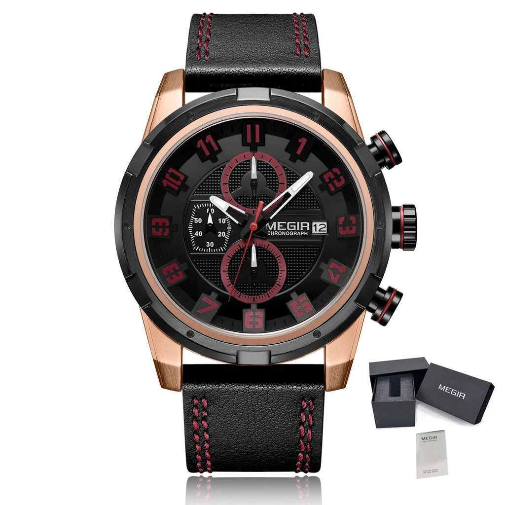 MEGIR Men’s Military Watch with Chronograph, Leather Strap, and Water Resistance