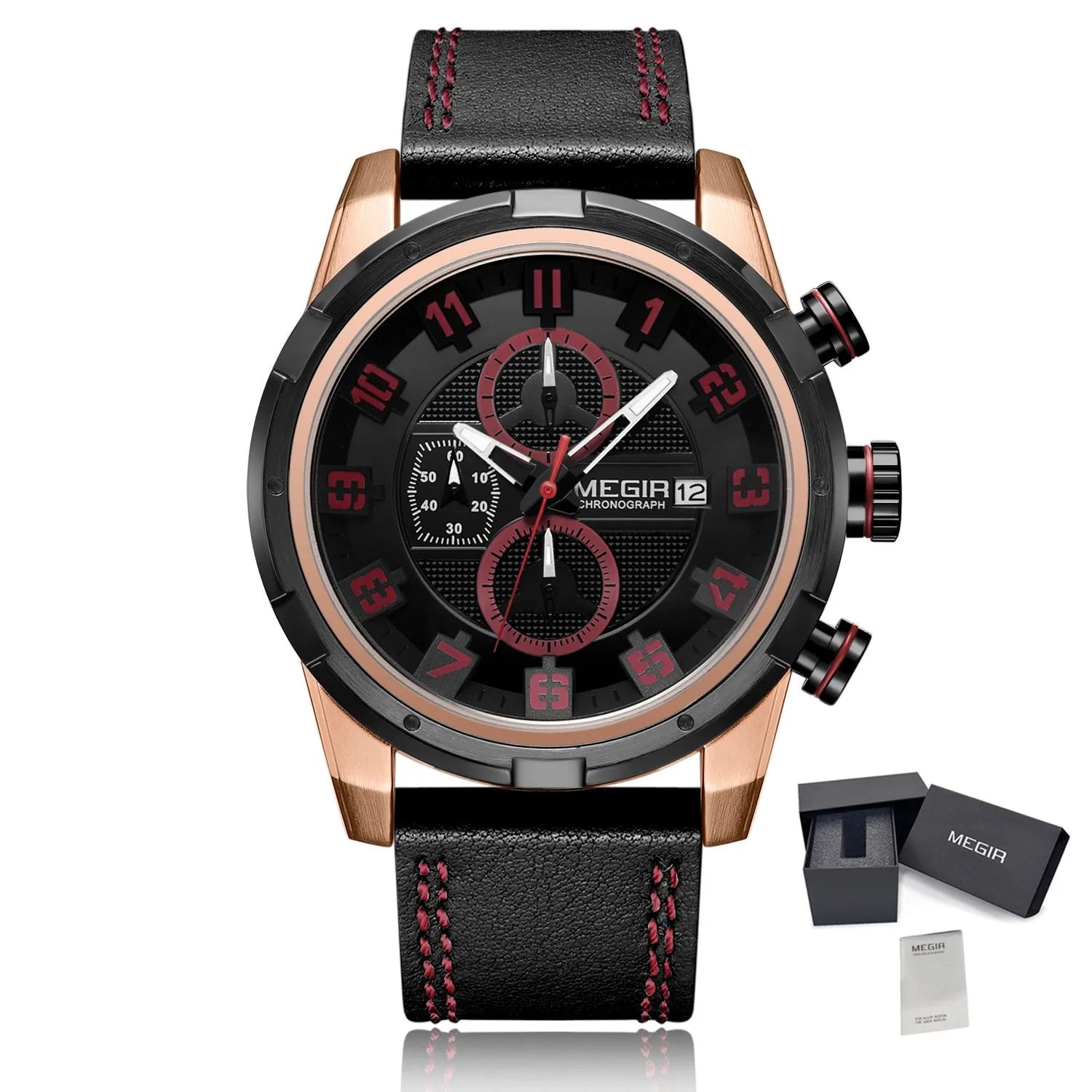 MEGIR Men’s Military Watch with Chronograph, Leather Strap, and Water Resistance
