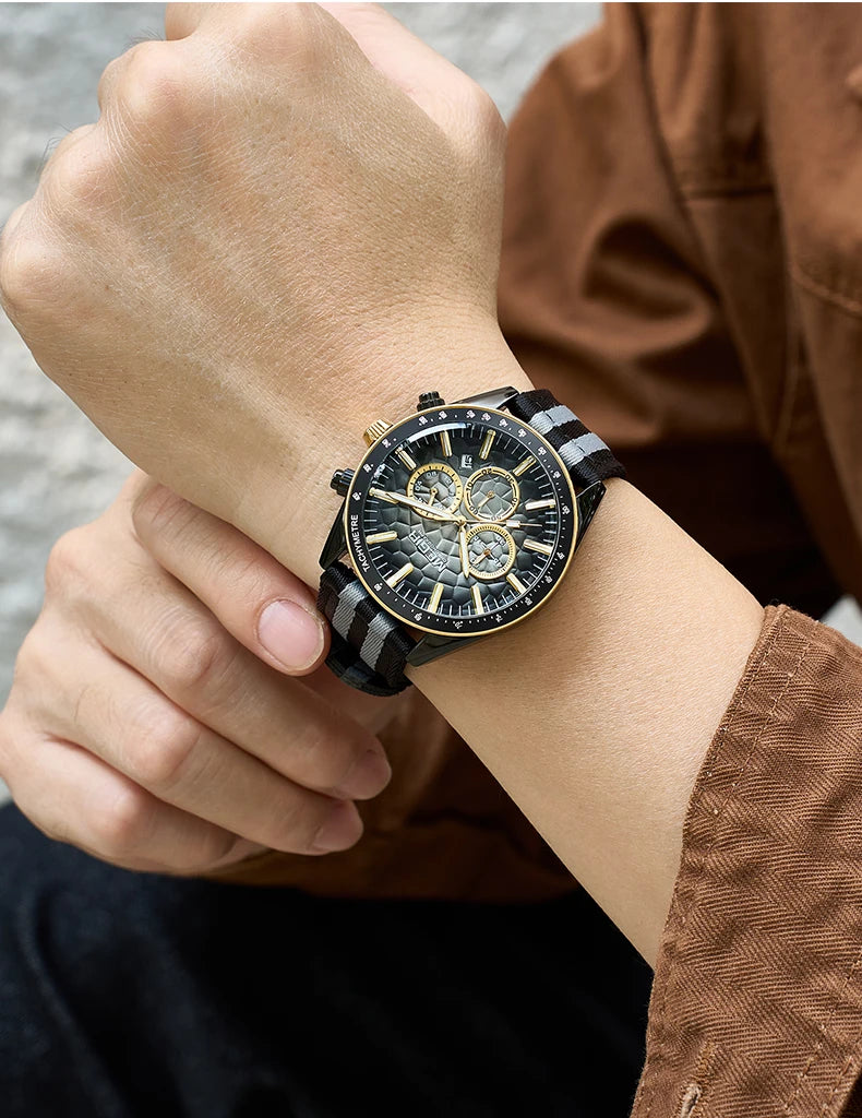MEGIR Sport Watch for Men Chronograph Quartz Wristwatch with Honeycomb Texture Dial Canvas Band Date Decorative Tachymeter Bezel