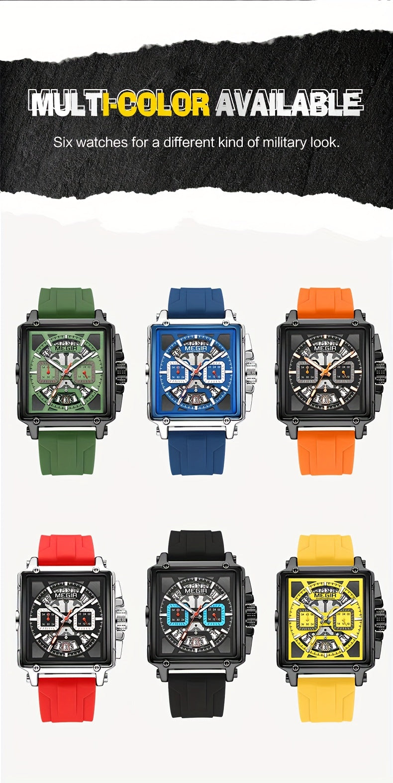 MEGIR – Herren-Quadratuhr 6789 mit blauem Silikonarmband und Chronograph