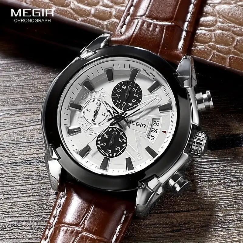 MEGIR 220G Men’s Chronograph Watch with Japanese Movement and Leather Strap