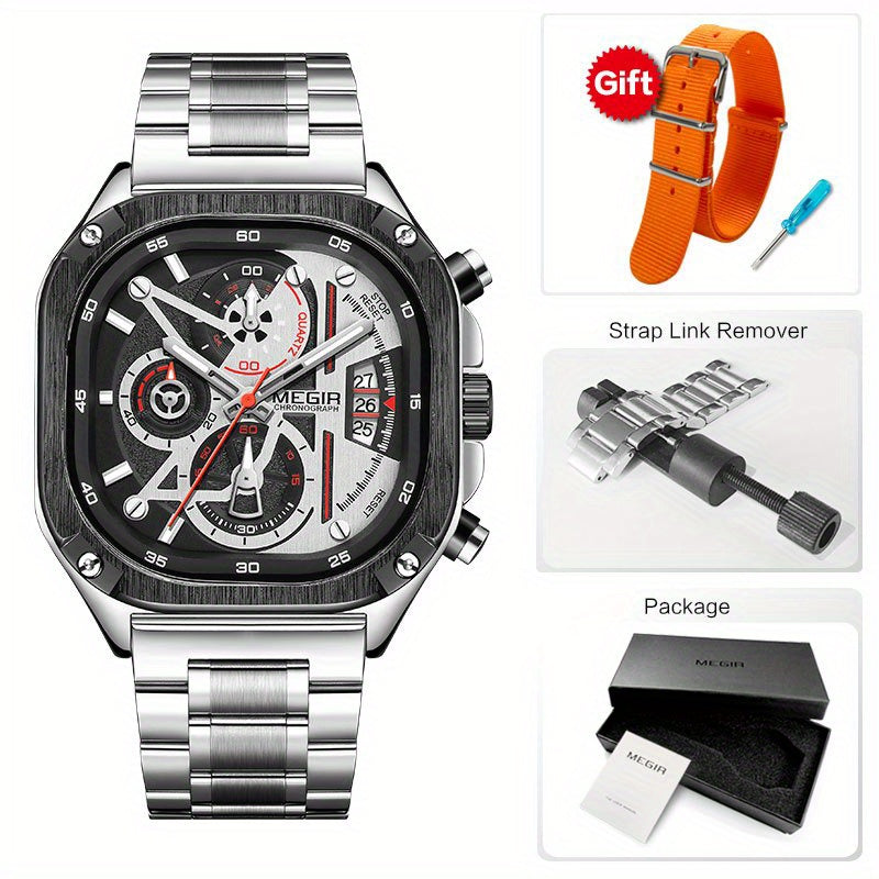 MEGIR Herren-Quarzuhr mit quadratischem Zifferblatt und 3 ATM Chronograph