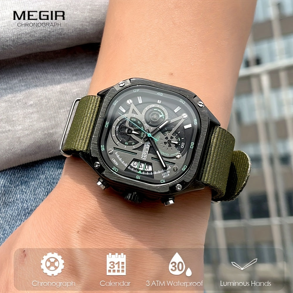 MEGIR Herren-Quarzuhr mit quadratischem Zifferblatt und 3 ATM Chronograph