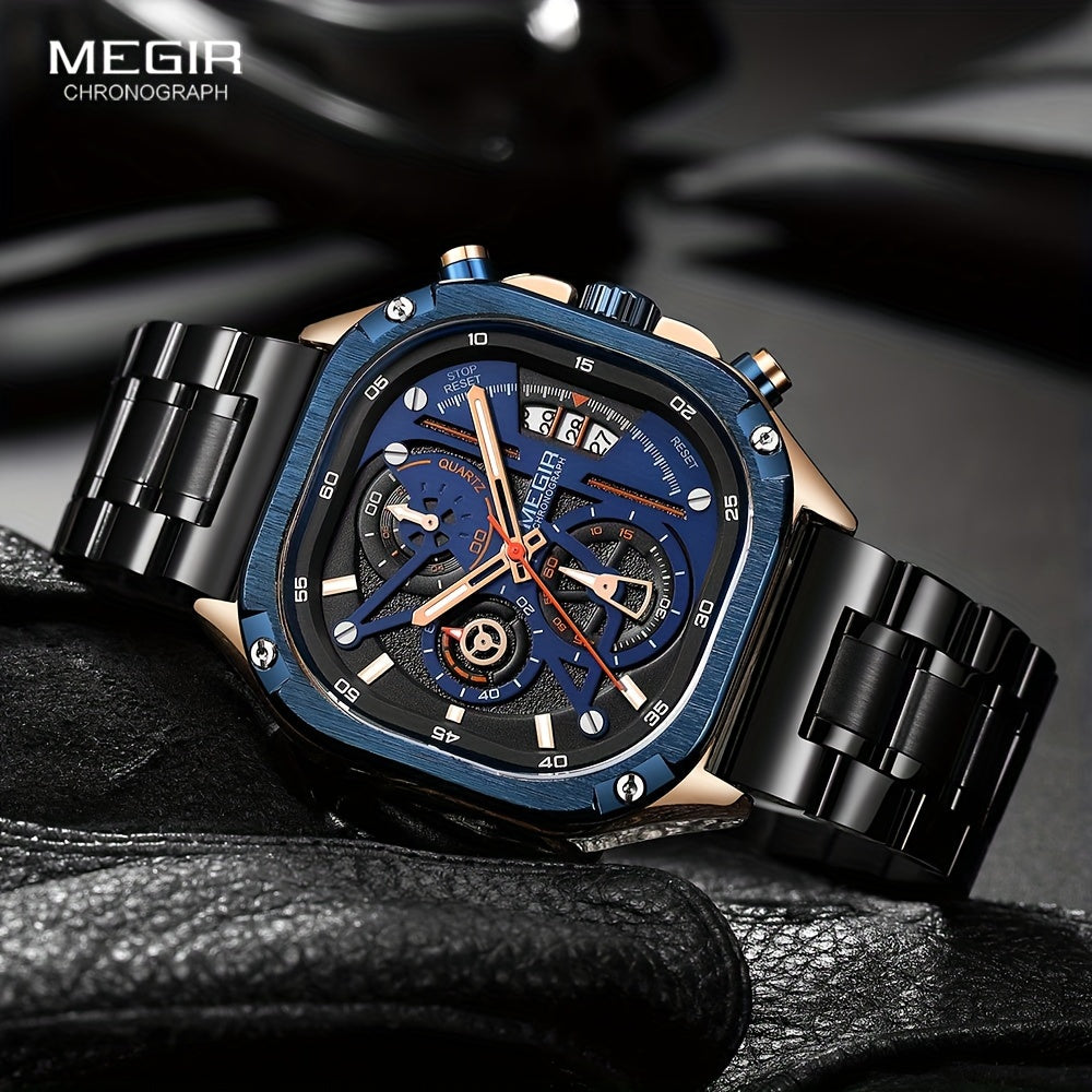 MEGIR Herren-Quarzuhr mit quadratischem Zifferblatt und 3 ATM Chronograph