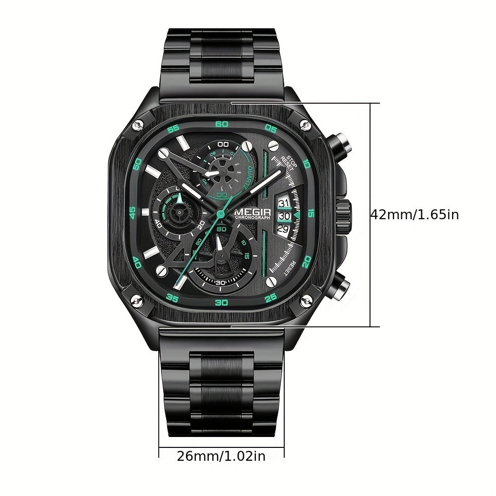 MEGIR Herren-Quarzuhr mit quadratischem Zifferblatt und 3 ATM Chronograph