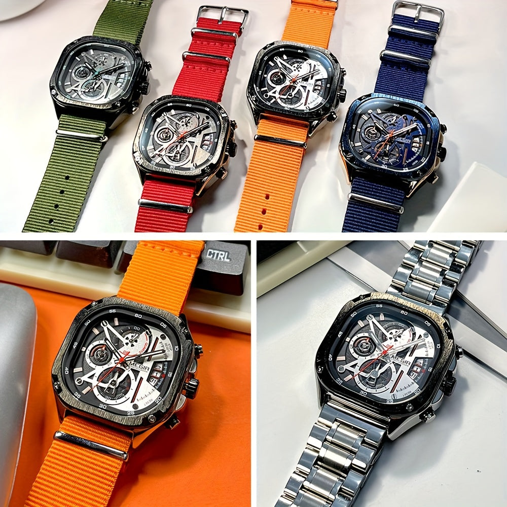 MEGIR Herren-Quarzuhr mit quadratischem Zifferblatt und 3 ATM Chronograph
