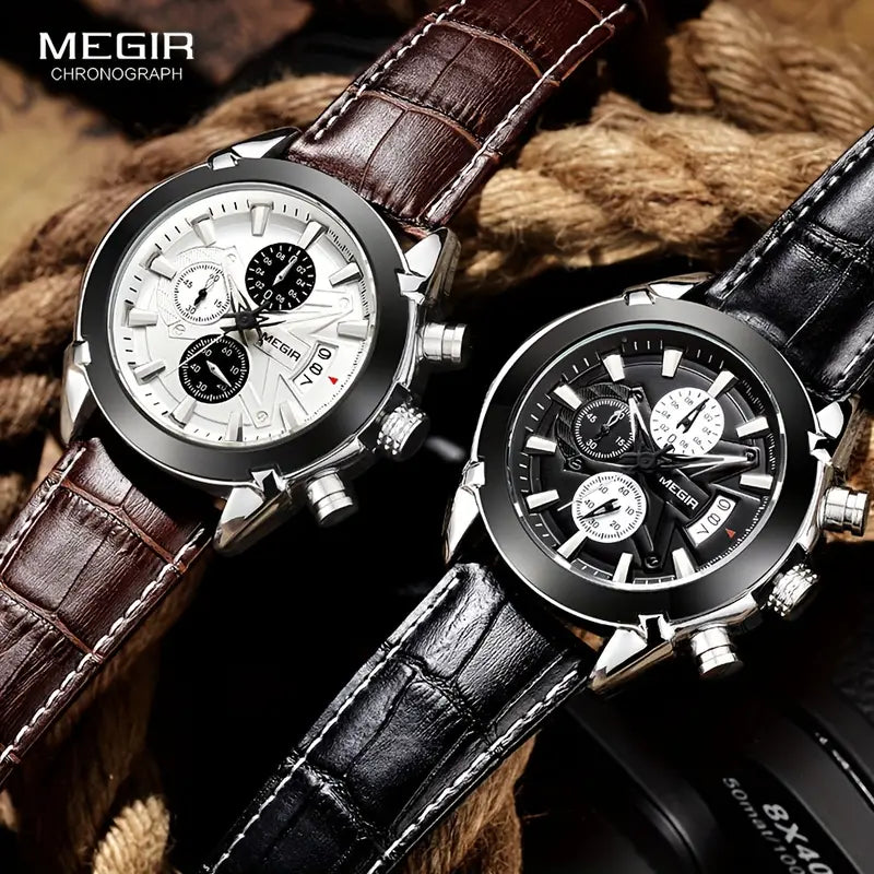 MEGIR 220G Men’s Chronograph Watch with Japanese Movement and Leather Strap
