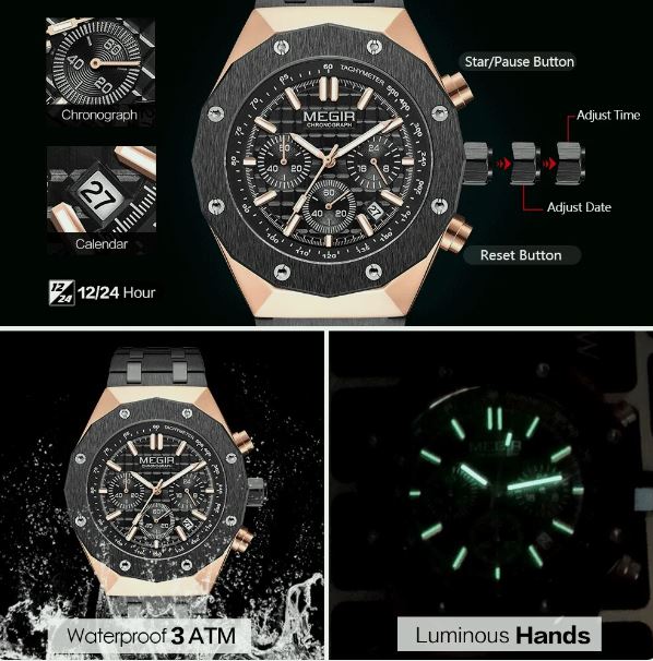 MEGIR SteelForce 44 Chronograph – Steel & Luminous Dial