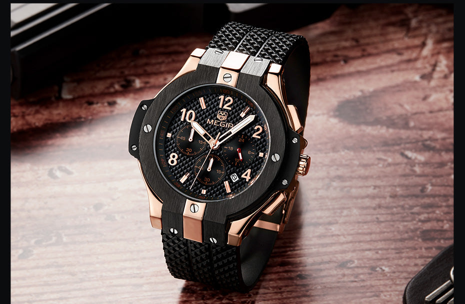 MEGIR 2050G Sport Watch with Chronograph, Stainless Steel Case & Rubber Strap